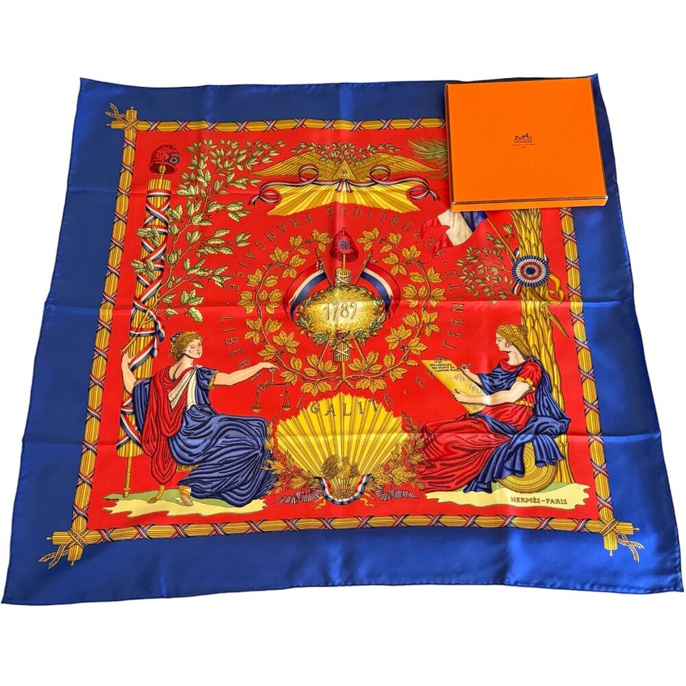 HERMES Vintage Republique Francaise Red Blue 90 cm Silk Square Scarf Box Good
